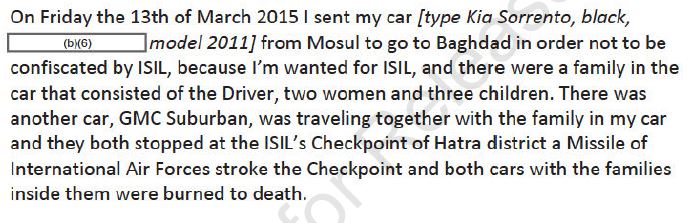 The partly redacted testimony of an Iraqi car owner which led Centcom to conclude it had killed civilians in Iraq on march 13th 2015