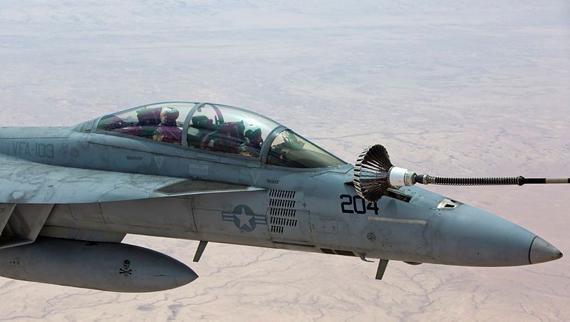 A United States Navy F/A-18F Super Hornet, assigned to VFA-103 'Jolly Rogers', refuels from a Royal Australian Air Force KC-30A Multi Role Tanker Transport in the skies over the Middle East region. (Aus MoD)