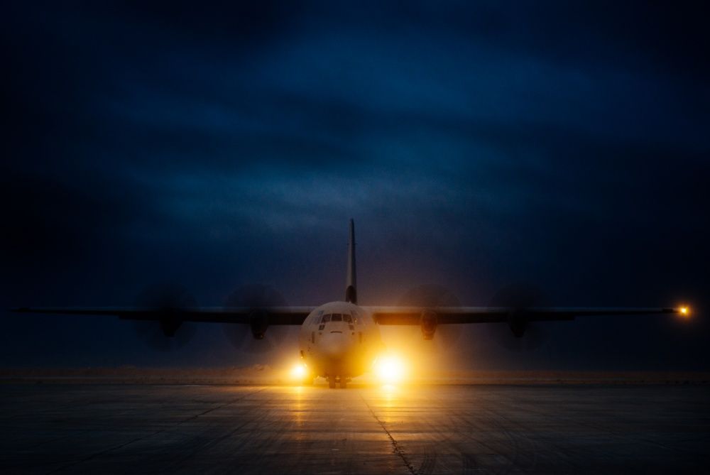 An Iraqi air force C-130J Super Hercules taxis along the runway at Qayyarah West Airfield, Iraq, Nov. 19 (US Air Force)