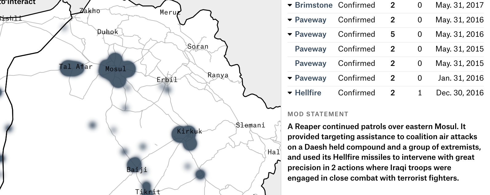 Airwars mapped out each UK airstrike that killed a militant and matched it to the corresponding UK statement from the day