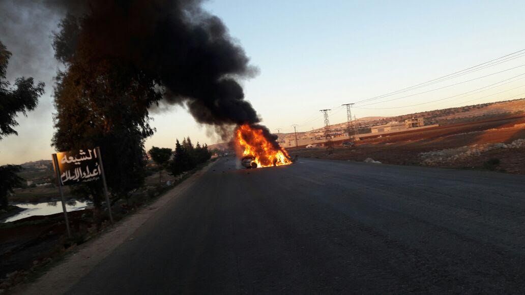 Thevehicle carrying Abu Afghan al Masri, destroyed in a US targeted killing on November 18th 2016 (via All 4 Syria)