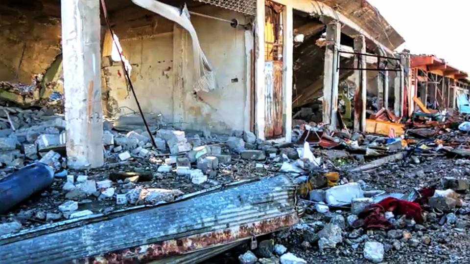 An image reveals the destruction that followed an alleged Coalition airstrike on an abandoned factory in Mosul (via NRN News‎)