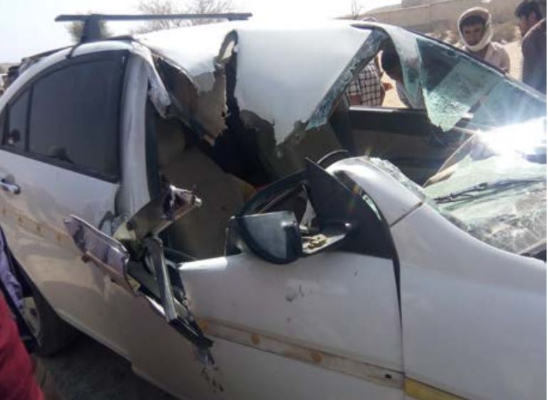 Saleh’s car after the strike. Photo received from a relative. Via Mwatana