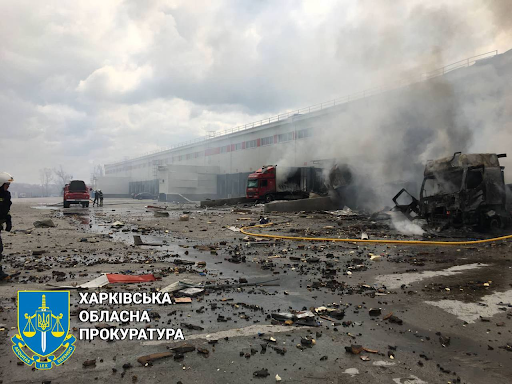 Damage to an enterprise caused by alleged Russian shelling of Korotych on April 22, 2022. (Image posted by Kharkiv Regional Prosecutor's Office)