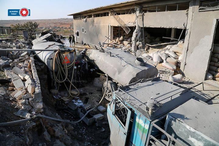 Image depicting the ruins of a wheat warehouse, following an alleged Russian airstrike on Ma'arat Al Nu'man, November 28th (via Almarra Today)