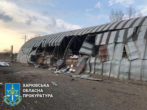 Damage caused by alleged Russian shelling of Zolochiv on April 10, 2022, (Image posted by Kharkiv Regional Prosecutor's Office via Facebook)