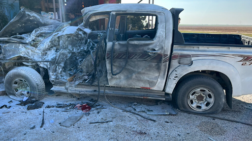Damage caused by alleged Turkish shelling of Al-Qahtaniya Road on January 18, 2022. (Image posted by ANF)