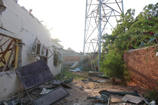 Damage to a telecom company caused by airstrikes in Saakow on June 17, 2023. (Image posted by Garowe Online)