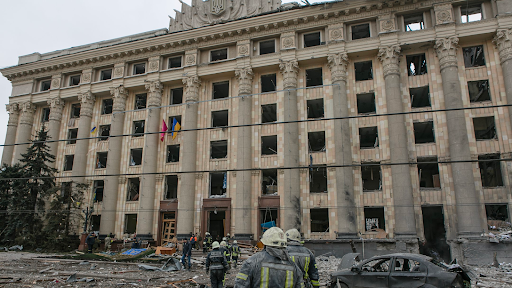 Damage caused by the attack on the Kharkiv Regional State Administration on March 1, 2022. (Image posted by Suspilne Kharkiv via Telegram)