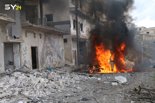 According to local sources, up to eight civilians were injured in a Russian or Syrian regime double airstrike on January 23rd 2020 in Ariha (Image via Bashar Al-Sheikh on Twitter / @Sy24ria)