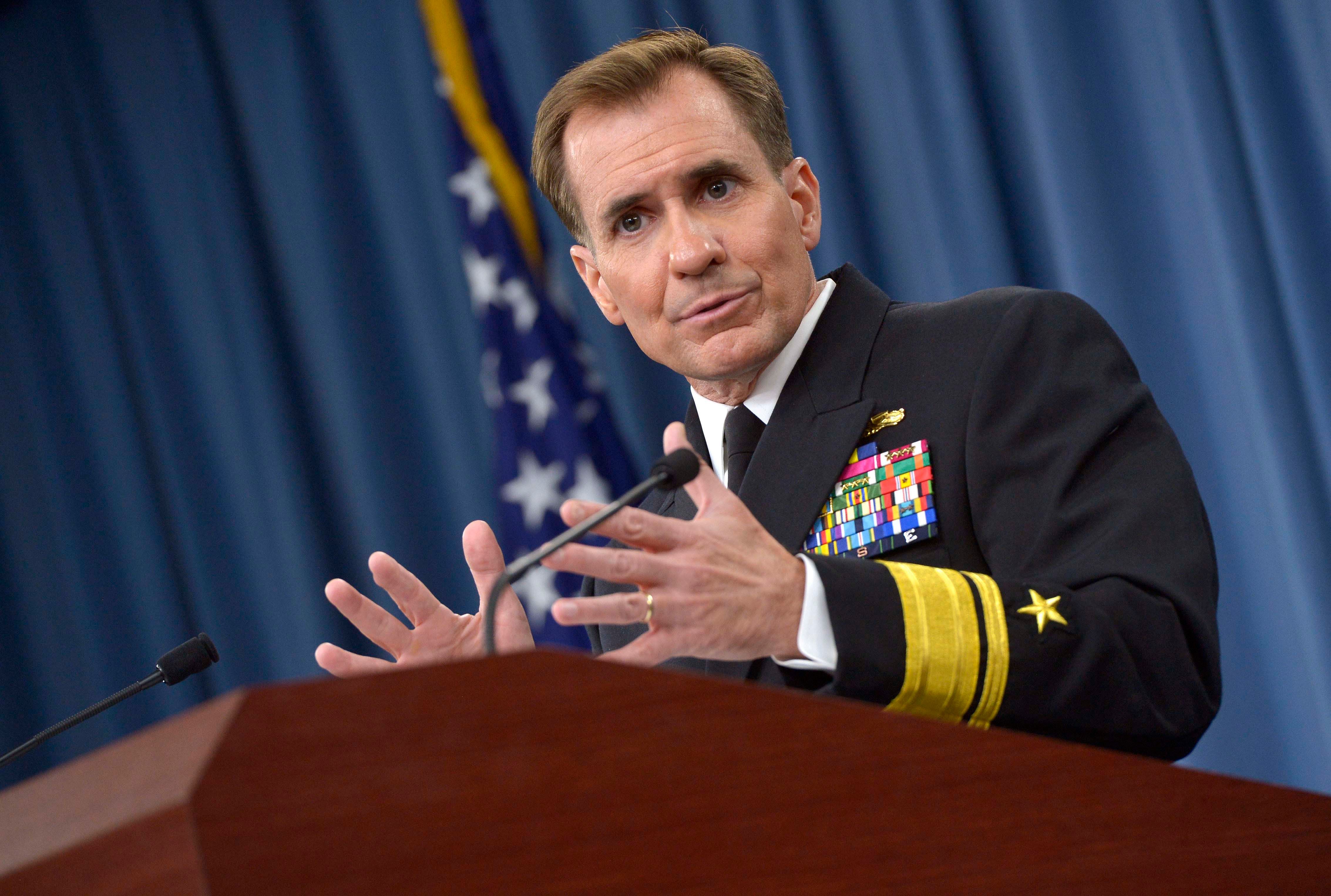 Pentagon Spokesman Rear Adm. John Kirby briefs the media on efforts to defeat ISIL September 2014 (DoD/ Glenn Fawcett)