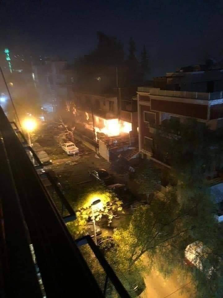 Building on fire after alleged Israeli strikes on the house of Islamic Jihad leader Akram Al Ajoura in Damascus' Al Mazza neighbourhood on November 12th, 2019 (via Free Deir Ezzor Radio).