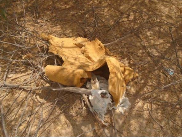 The mattress both men were sitting on before the strike, found at the site of the August 13, 2017 strike. Photo taken by a Mwatana field researcher.