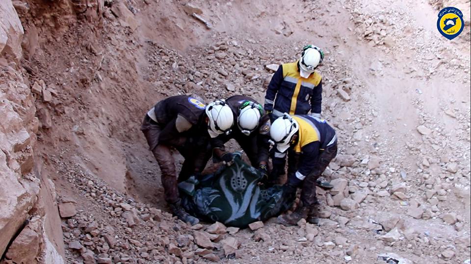The White Helmets attempt to search for the missing following an airstrike on Abidien hospital, Abidien, 22nd April 2017. (via Idlib civil defence)