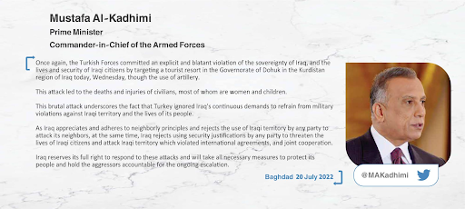 Prime Minister of Iraq, Mustafa Al-Kadhimi statement on attack on tourist resort in Iraq (Image via @MAKadhimi / Twitter)