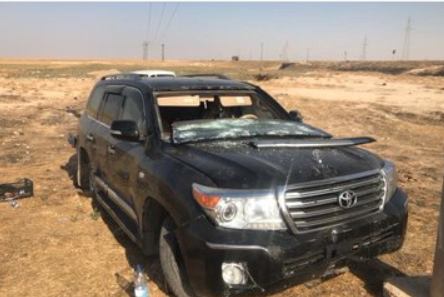 The abandoned car in which Herwin Khalaf and two other civilians were reportedly killed by Turkey-bcaked mercenaries, oct 12th (via @TurkeyUntold)