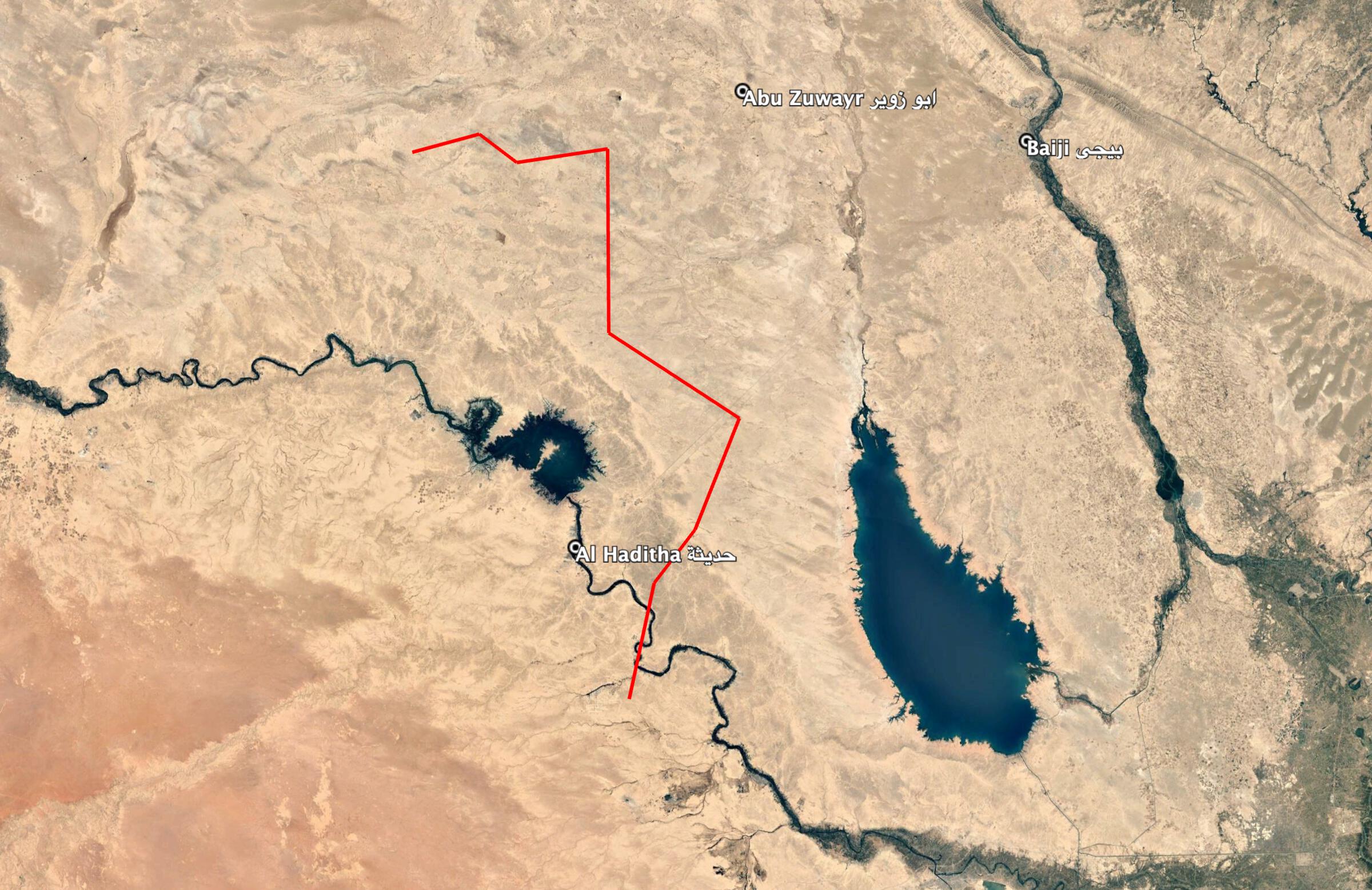 Reports of the incident mention a vehicle being struck between Abu Zuwair (ابو زوير) and the Al Haditha (حديثة) district border.