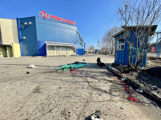 Dead civilians killed by alleged Russian naval bombardment of Kharkiv on March 24, 2022. (Image posted by @maria_avdv)