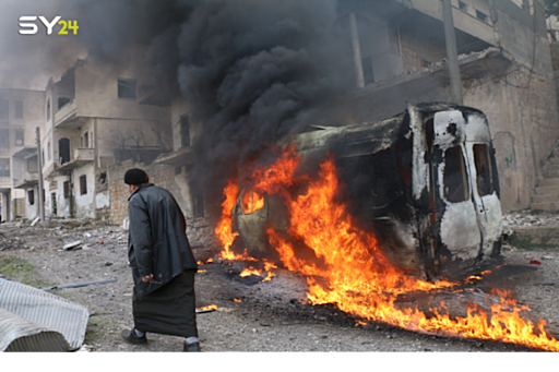According to local sources, up to eight civilians were injured in a Russian or Syrian regime double airstrike on January 23rd 2020 in Ariha (Image via Bashar Al-Sheikh on Twitter / @Sy24ria)