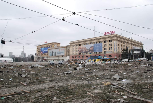 Damage caused by the attack on the Kharkiv Regional State Administration on March 1, 2022. (Image posted by Elena Fomenko via Facebook)