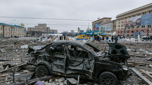 Damage caused by the attack on the Kharkiv Regional State Administration on March 1, 2022. (Image posted by Suspilne Kharkiv via Telegram)