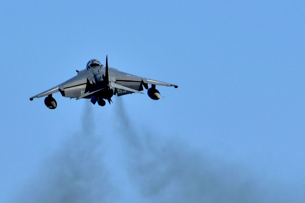 An AV-8B Harrier, from the 22nd Marine Expeditionary Unit (MEU), takes off from USS Wasp, Sept 22nd (US Navy)