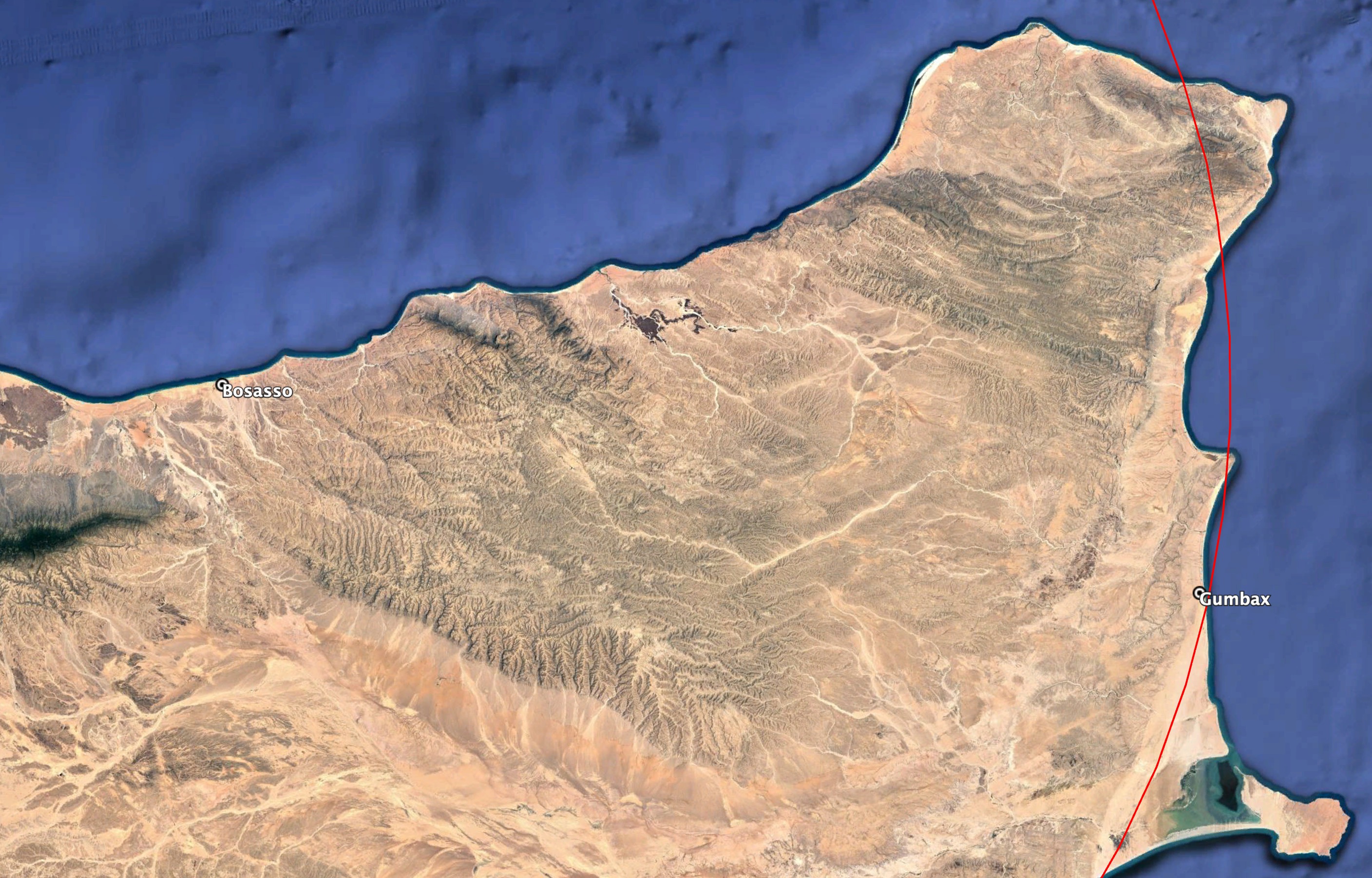 The coastal village Gumbax, 220 kilometres east of Bosaso (220 km radius marked in red)