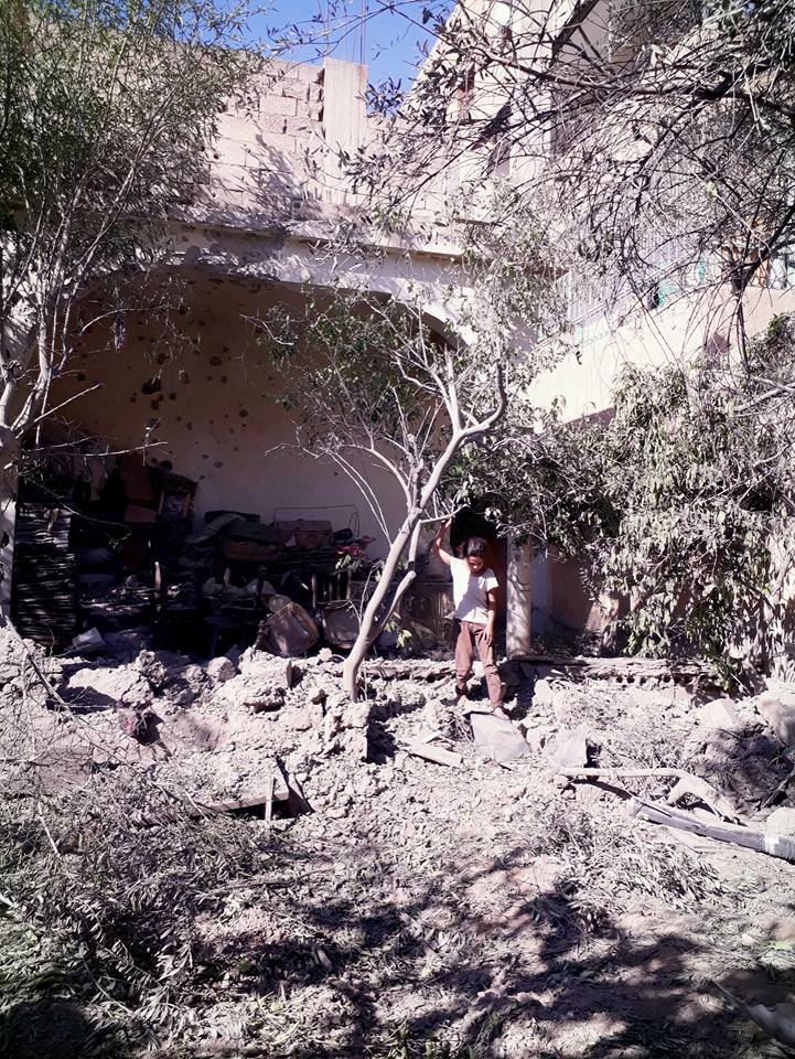 The aftermath of alleged Coalition shelling of the Qantar family home near the the Imam al-Nawawi Mosque, Raqqa, August 12th (via RBSS)