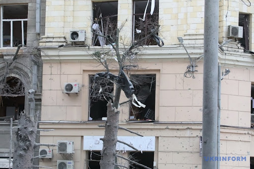 Aftermath of alleged Russian shelling of Kharkiv administration building on March 1, 2022. (Image Ukrinform