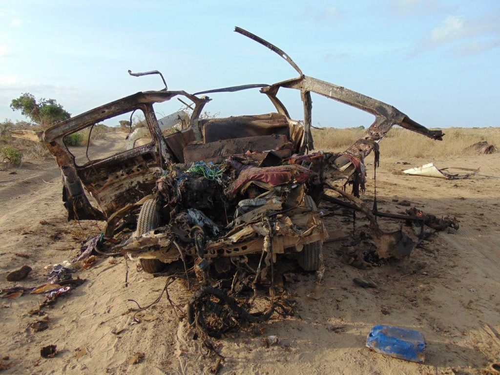 Vehicle allegedly destroyed by a US strike near Janaale on March 10th, 2020 (via Somali Memo)