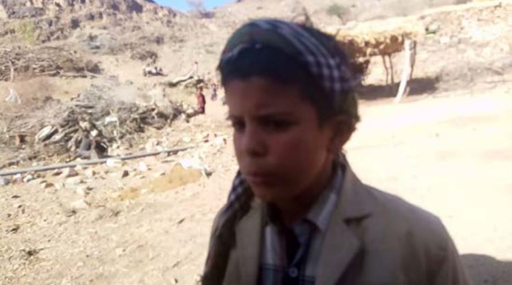 Barzan Mohammed Abdullah Mabkhout Al Ameri, 10, the sole surviving member of his family after the January 29, 2017 raid in Al Bayda governorate, Yemen. Photo taken by a Mwatana researcher.