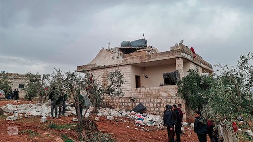 Destruction after the US air raid near Atma on February 3rd 2022 (Image via Rozana / Facebook)