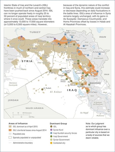 Pentagon map of areas in Iraq and Syria still held or contested by Daesh, April 13th 2015 (DoD)