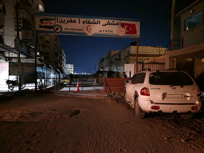 Image of a car belonging to Anwar Al-Daher, an employee of the Shafak Organization that was trying to help the wounded when he was hit with another missile. (Image posted by @rame0alsayed)