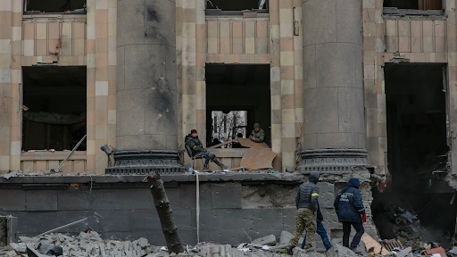 Damage caused by the attack on the Kharkiv Regional State Administration on March 1, 2022. (Image posted by Suspilne Kharkiv via Telegram)