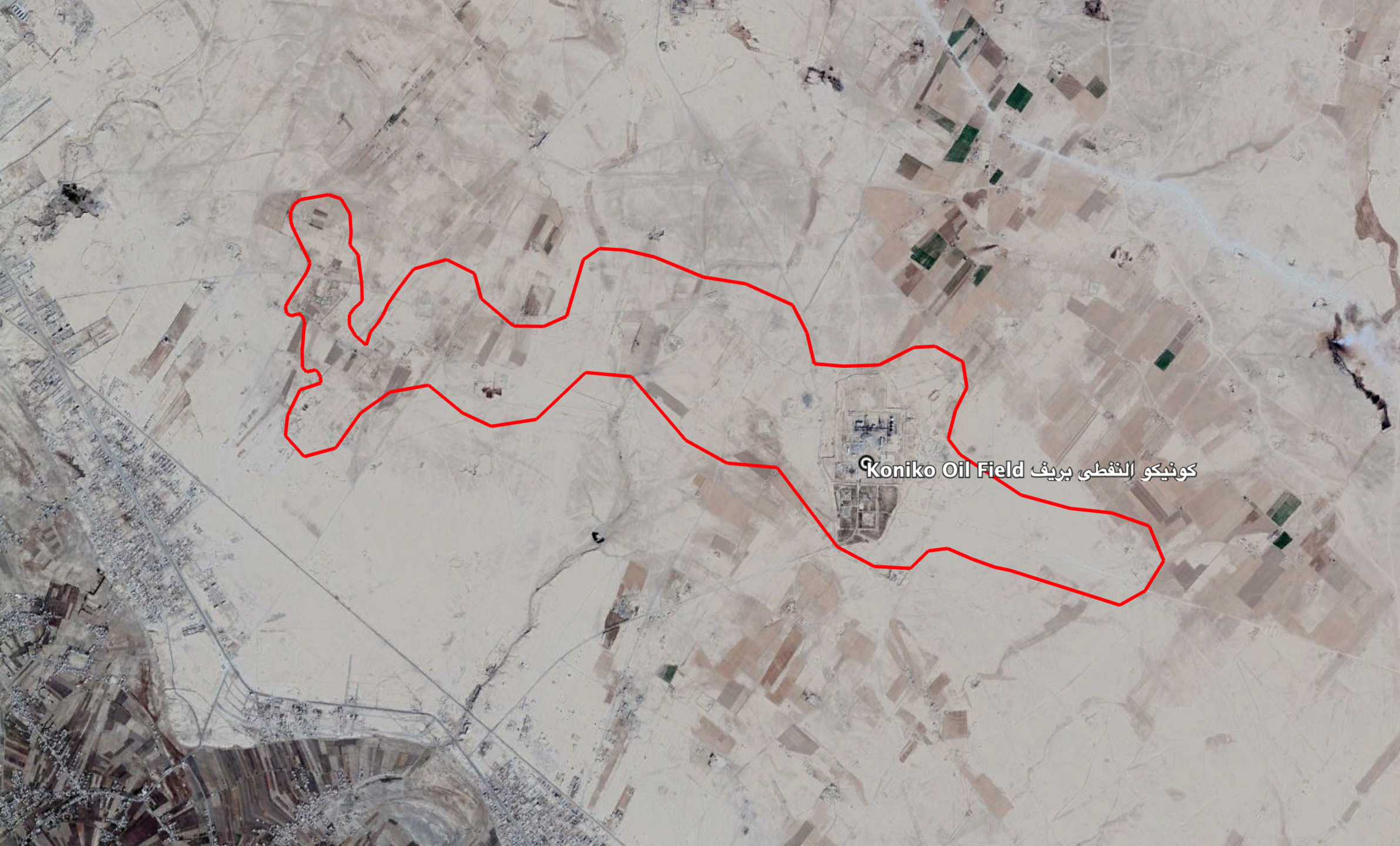 Reports of the incident mention a vehicle being struck in the vicinity of the Koniko Oil Fields (كونيكو النفطي بريف), in the east of Deir Ezzor (دير الزور‎).