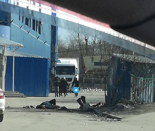 Dead civilians killed by alleged Russian naval bombardment of Kharkiv on March 24, 2022. (Image posted by Informatsia_obstanovka via Telegram)