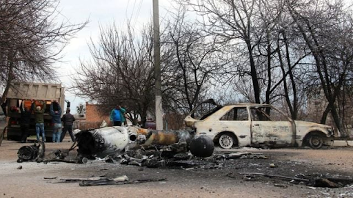 Damage caused by alleged Russian shelling of Balakliia on April 6, 2022. (Image posted by Larsya Bodareva Mediyniy Zmiiv via Facebook)