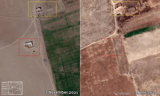 Two photos taken at different intervals of the farmhouse built sometime in 2021, and where al-Shuhail was killed. The farmhouse is adjacent to Syria-Turkey borders and is farmed in red. Credits: Planet Labs Inc.