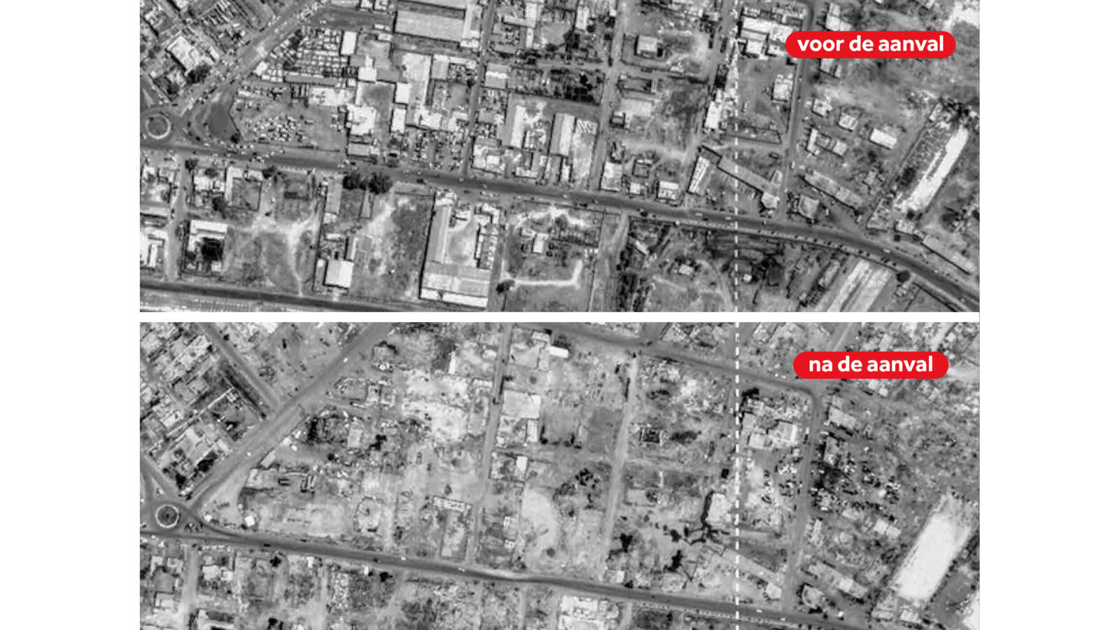Industrial area of Hawijah, before (above) and after (below) the attack (via NOS).