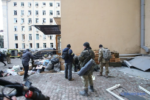 Aftermath of alleged Russian shelling of Kharkiv administration building on March 1, 2022. (Image Ukrinform