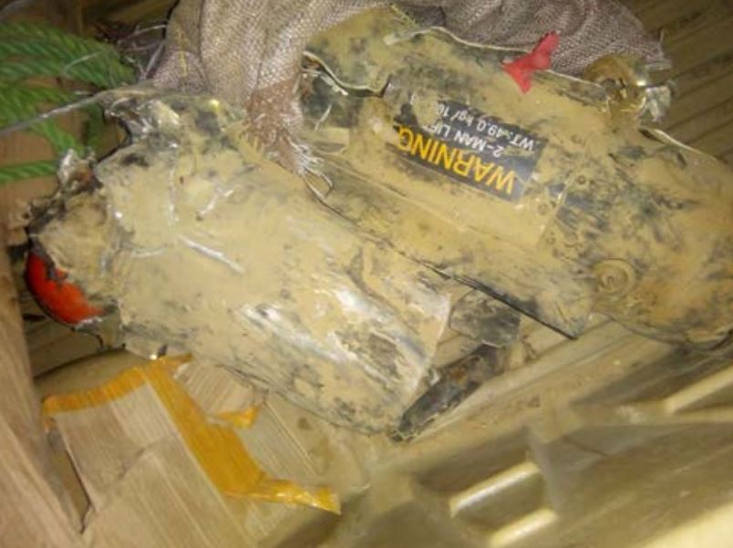 Weapon remnants found after the attack, which a weapons expert identified as being from an AGM-114 Hellfire missile. Photo received from a relative. Via Mwatana