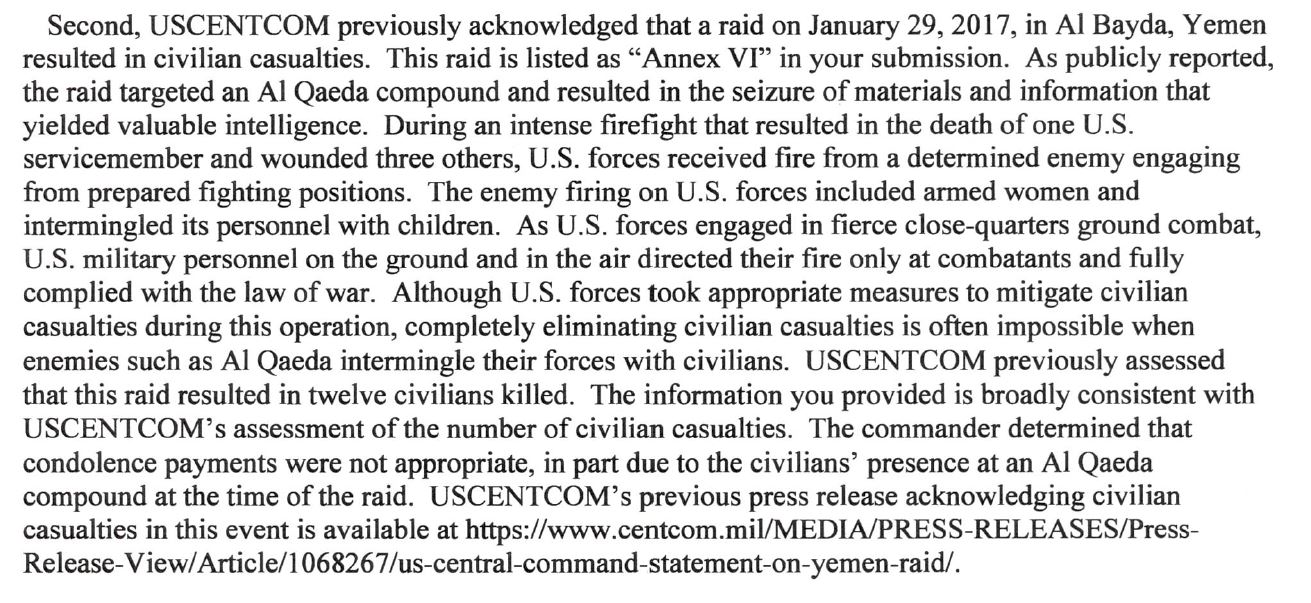 Text of CENTCOM letter to Mwatana, April 2021, confirming 12 civilian deaths at Yakla.