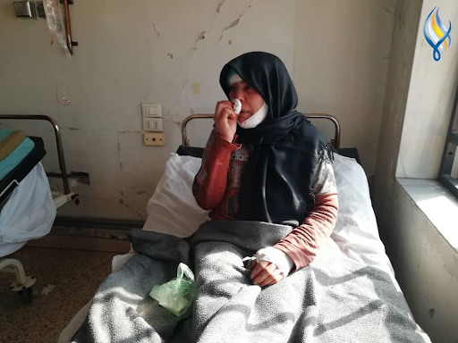 A woman injured in alleged Israeli airstrikes on locations in Hama on January 22nd, 2021. (via @SyriawatanNews).