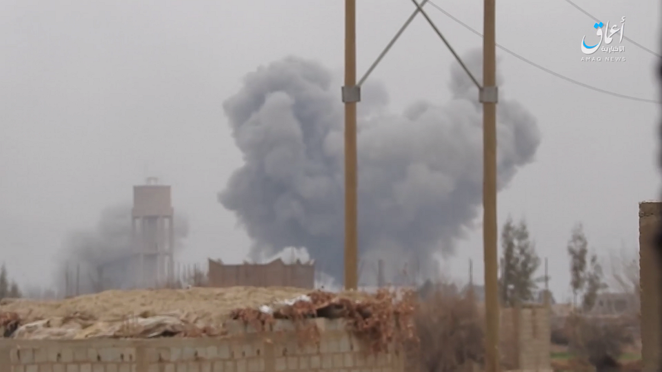 A stills image from an ISIS proaganda video said to show Coalition strikes on al Bahra February 2nd 2018