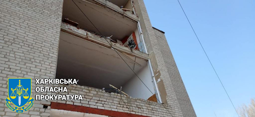 Damage caused by alleged Russian shelling of Barvinkove on March 26, 2022. (Image posted by Kharkiv Regional Prosecutor's Office via Facebook)