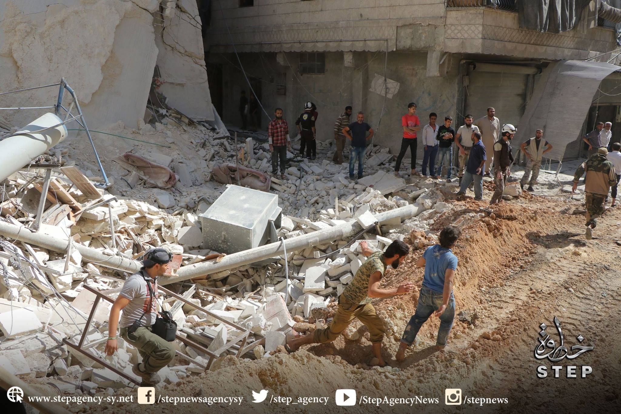 The White Helmets attend the scene of an allaged Russian strike on Al Ferdos, Aleppo on Oct 11th (via Step)