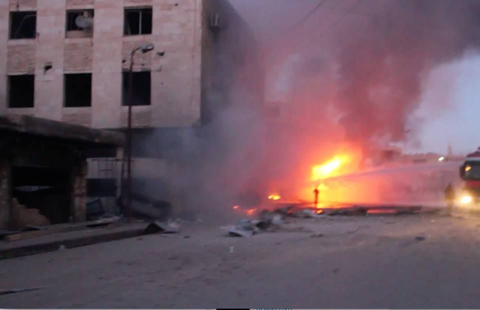 A fire blazes amid destruction caused by an alleged Russian raid on Ar Raqqa, Jan 16th (via Raqqa is Being Slaughtered Silently)