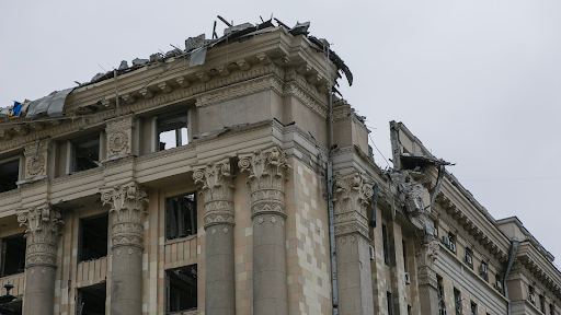 Damage caused by the attack on the Kharkiv Regional State Administration on March 1, 2022. (Image posted by Suspilne Kharkiv via Telegram)