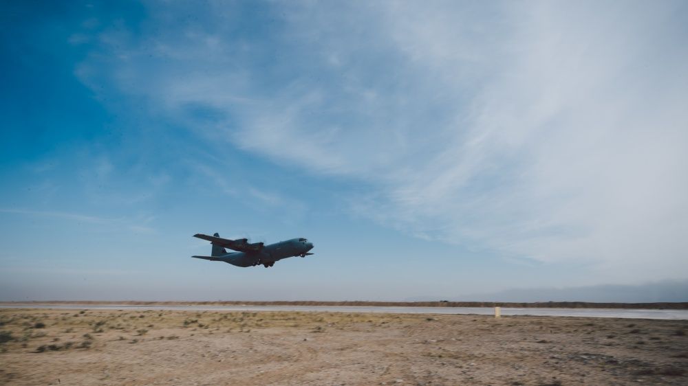 An Iraqi air force C-130 Hercules departs from Qayyarah West Airfield, Iraq, Nov 13th (US Air Force)